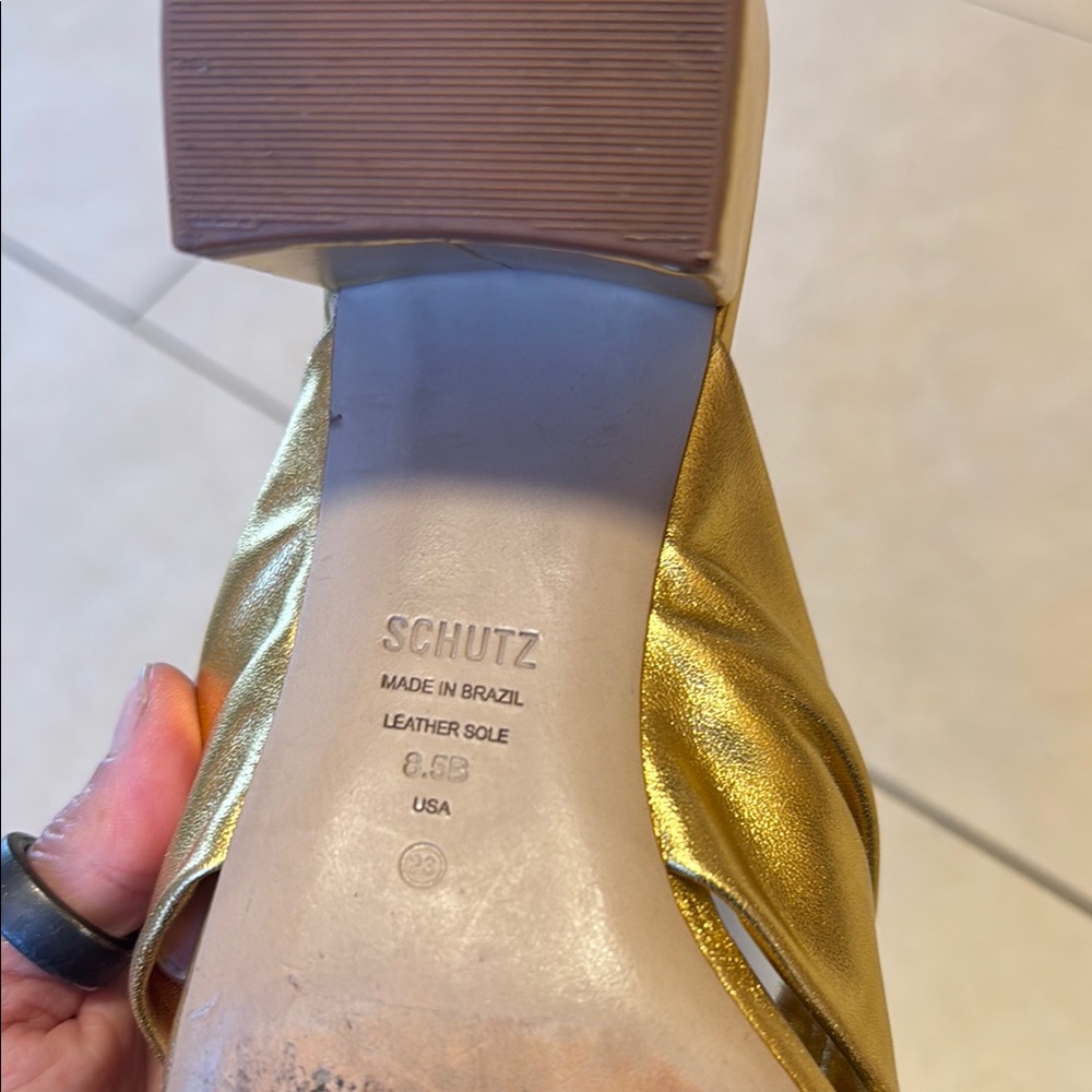 SCHUTZ 8.5 Metallic Gold Knotted Heels - Picture 5 of 5